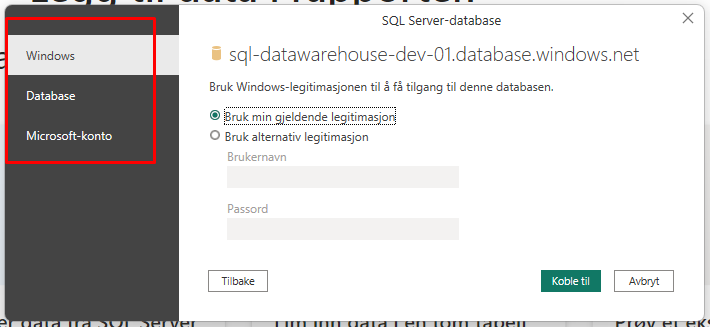 PowerBI SQL Server Login