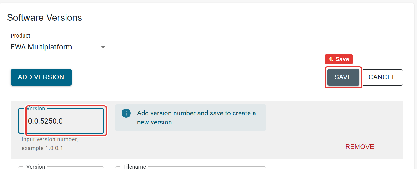 Typing the version number and saving