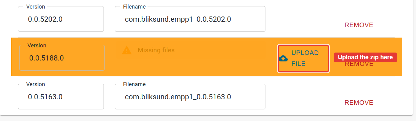 The UPLOAD FILE button on a Missing files row