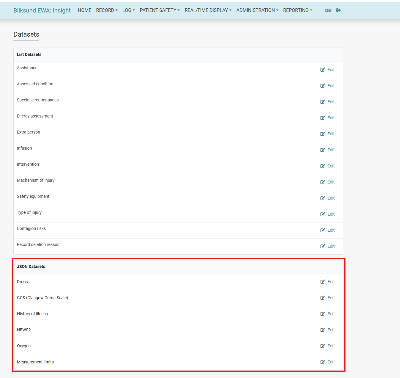 JSON Datasets section in the Insight Datasets page