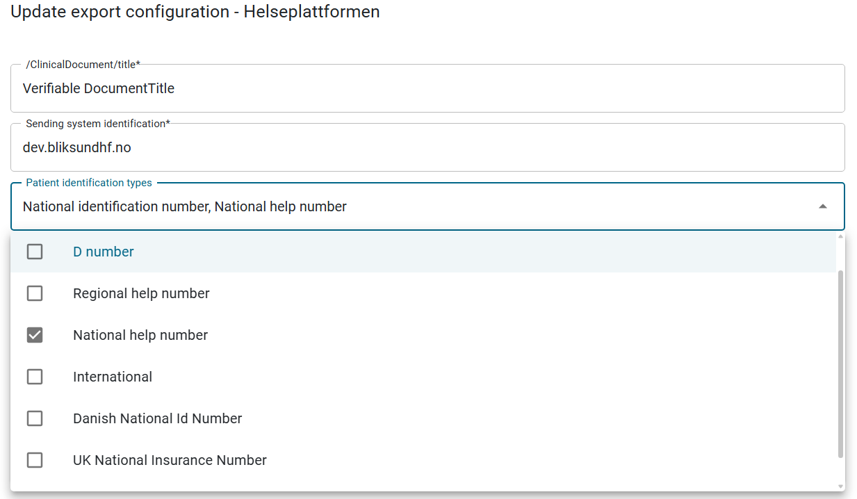 Export configuration page with additional national ID types