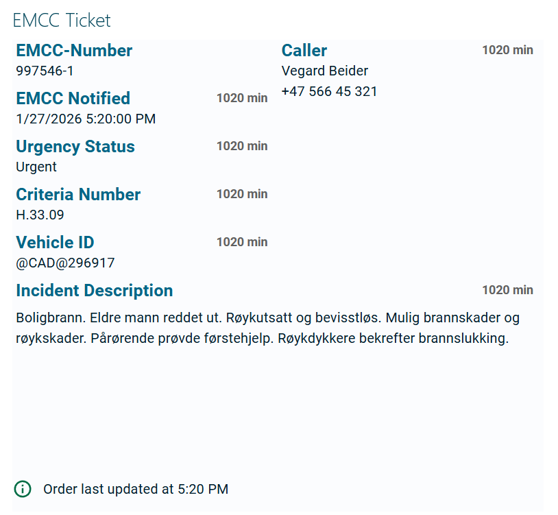 Vehicle data in EMCC ticket